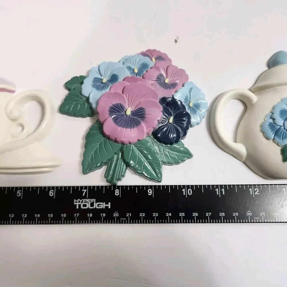 Vintage 1995 Burwood Floral Teapots & Bouquet 3 pc Wall Art Hanging Decor Set
